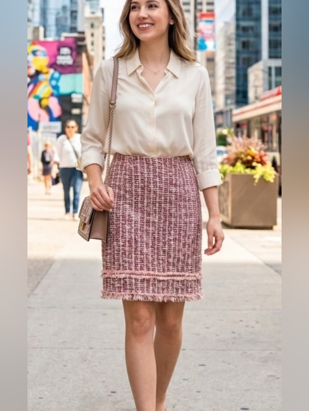 Pink and Brown Tweed Knee-Length Pencil Skirt for Work